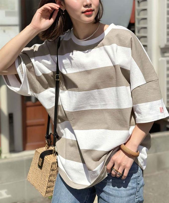 日本 Classical Elf - Java 純棉寬條紋落肩五分袖上衣-咖啡x米杏