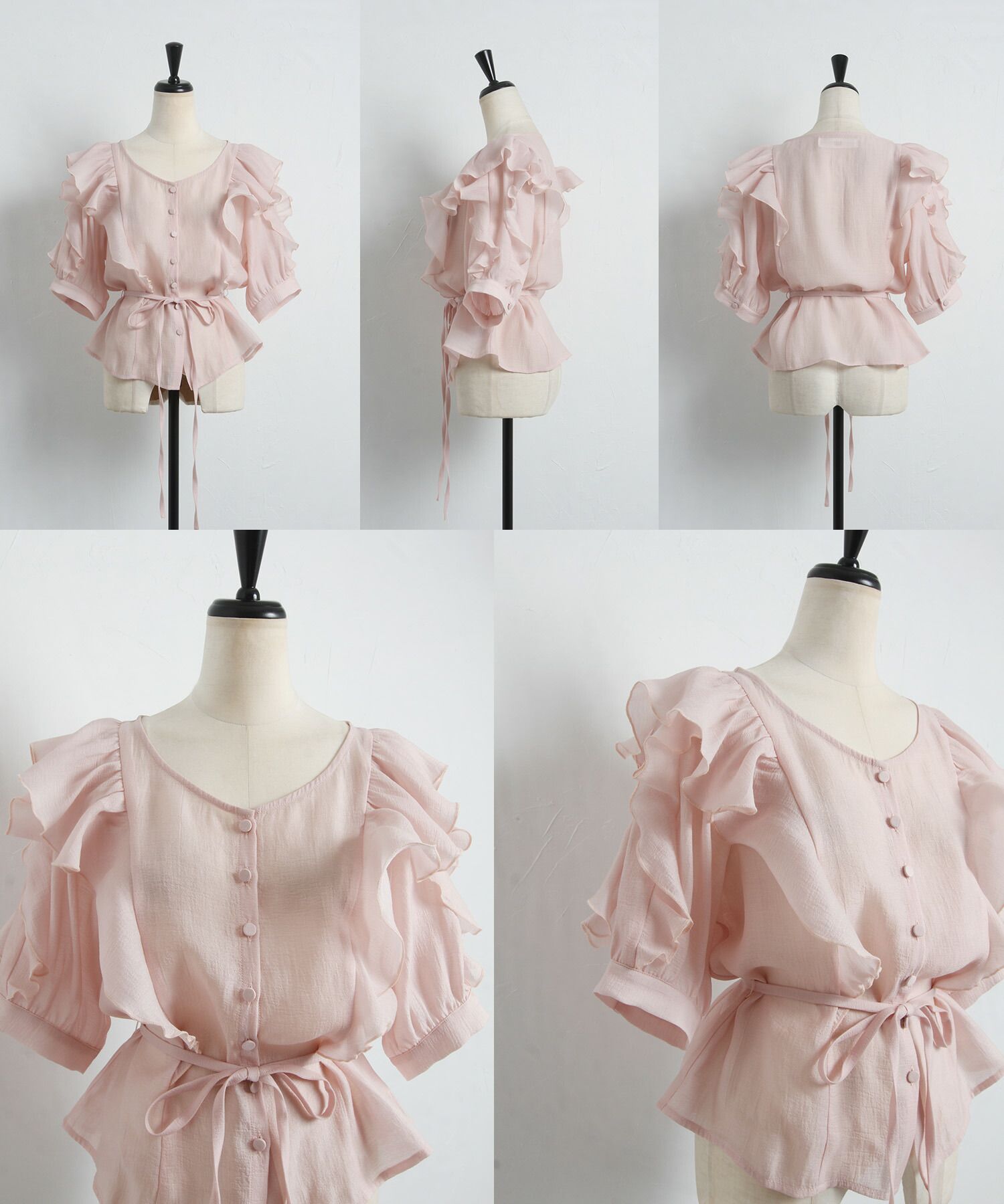 日本 tocco-closet - 優雅光澤感綁帶短袖上衣-星塵粉