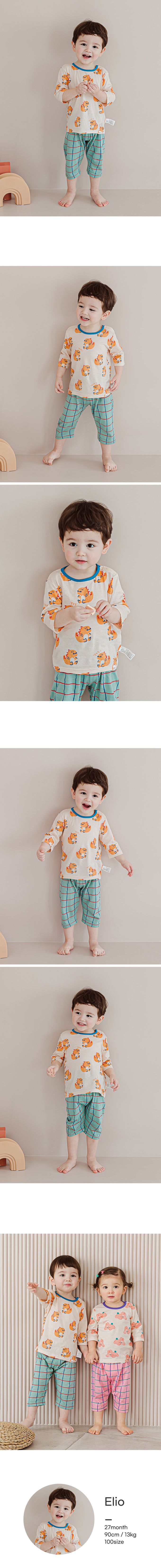 韓國 Cordi-i - 無螢光棉透氣緹花七分袖家居服-生氣恐龍-米X藍綠