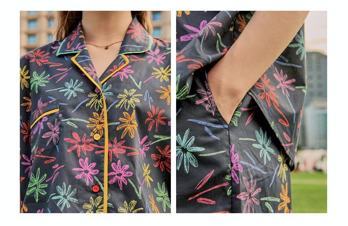 韓國 ULLALA - (情侶款)彩繪花口袋短袖睡衣套裝-女款-藍黑 (FREE)