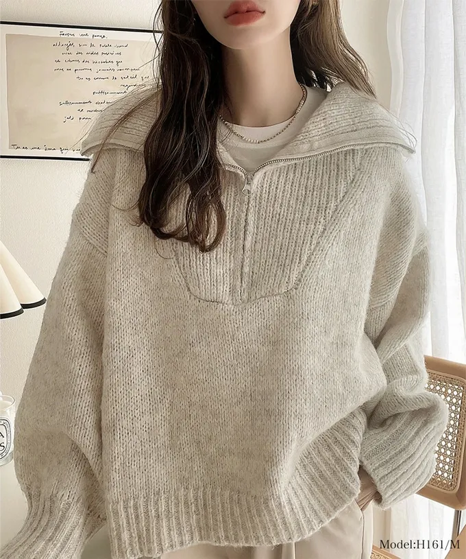 日本 Classical Elf - Java 半拉鏈率性寬鬆素面毛衣-綠