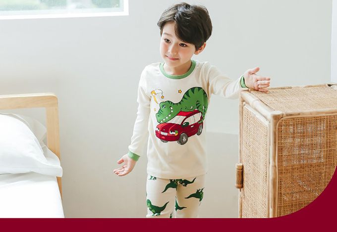 正韓 Puco - 超優質嬰幼兒/兒童長袖100% 有機純棉家居服/睡衣-恐龍與車
