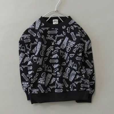 日本 BRANSHES - 街頭塗鴉風裏起毛長袖上衣-滿版圖騰-黑