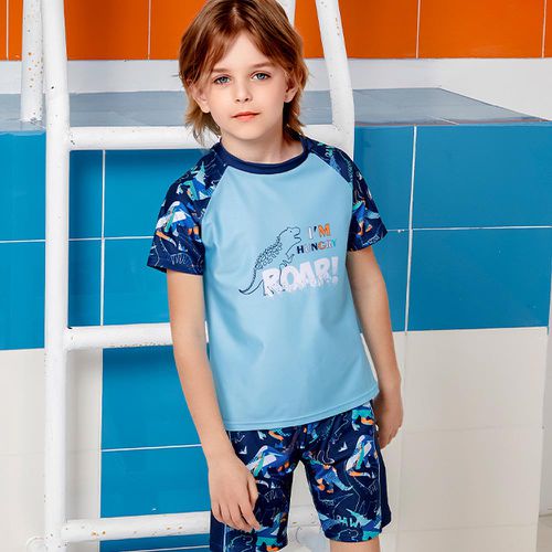 361° - 兒童卡通圖短袖泳衣套裝(二件組)-恐龍世界-淺藍色