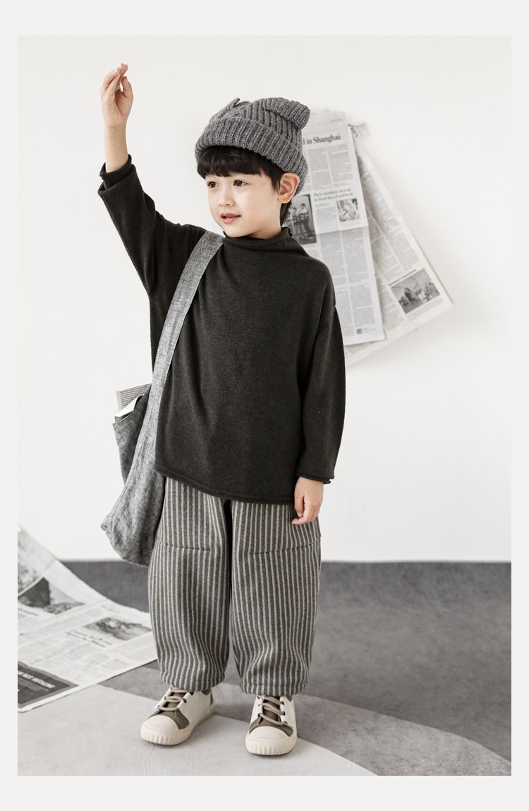 TONGMO - (加絨)小紳士腰鬆緊休閒條紋寬褲-黑+灰