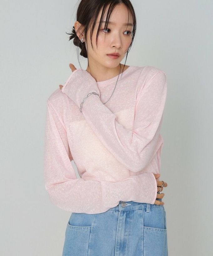 日本 Bab - 率性混色感微透膚長袖上衣-灰