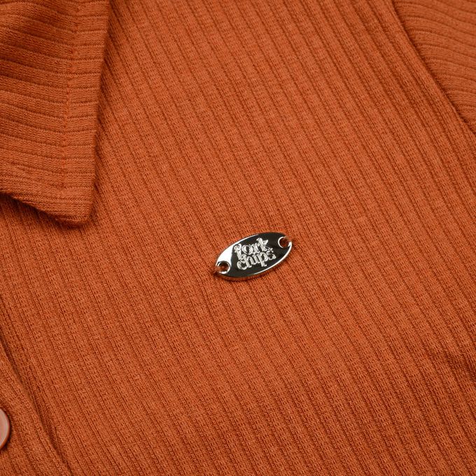 韓國 FORK CHIPS - 金屬裝飾直坑條翻領長袖上衣-磚紅