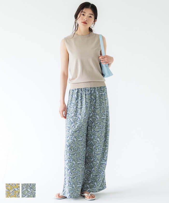 日本 COCA - 100%嫘縈 涼爽印花修身寬褲-葉子紋-檸檬黃