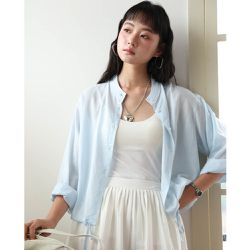 KPUWARM - 天絲亞麻立領下擺抽繩襯衫-淺玉藍