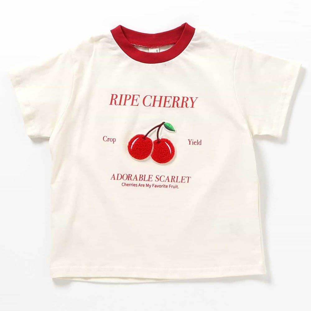 可愛立體刺繡短袖上衣-櫻桃-象牙白