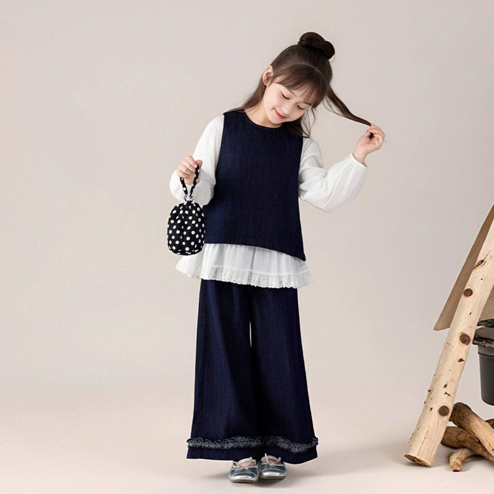 後開衩背心+花邊牛仔寬褲兩件式套裝-藍色