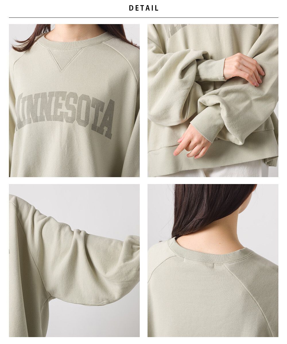 日本 OMNES - 100棉 圓領寬鬆長袖大學T-英文LOGO-淺米杏