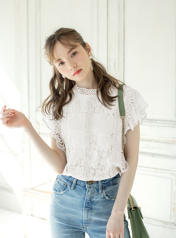 日本 GRL - 微立領氣質蕾絲短袖上衣-白