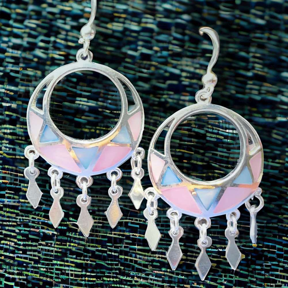 拼接色塊流蘇垂墜式耳飾耳針耳環 (F SIZE)