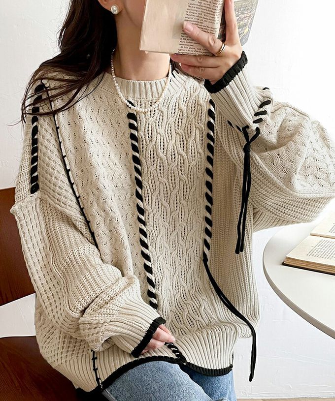 日本 Classical Elf - 2way跳色毛線編織寬鬆長版毛衣-黑