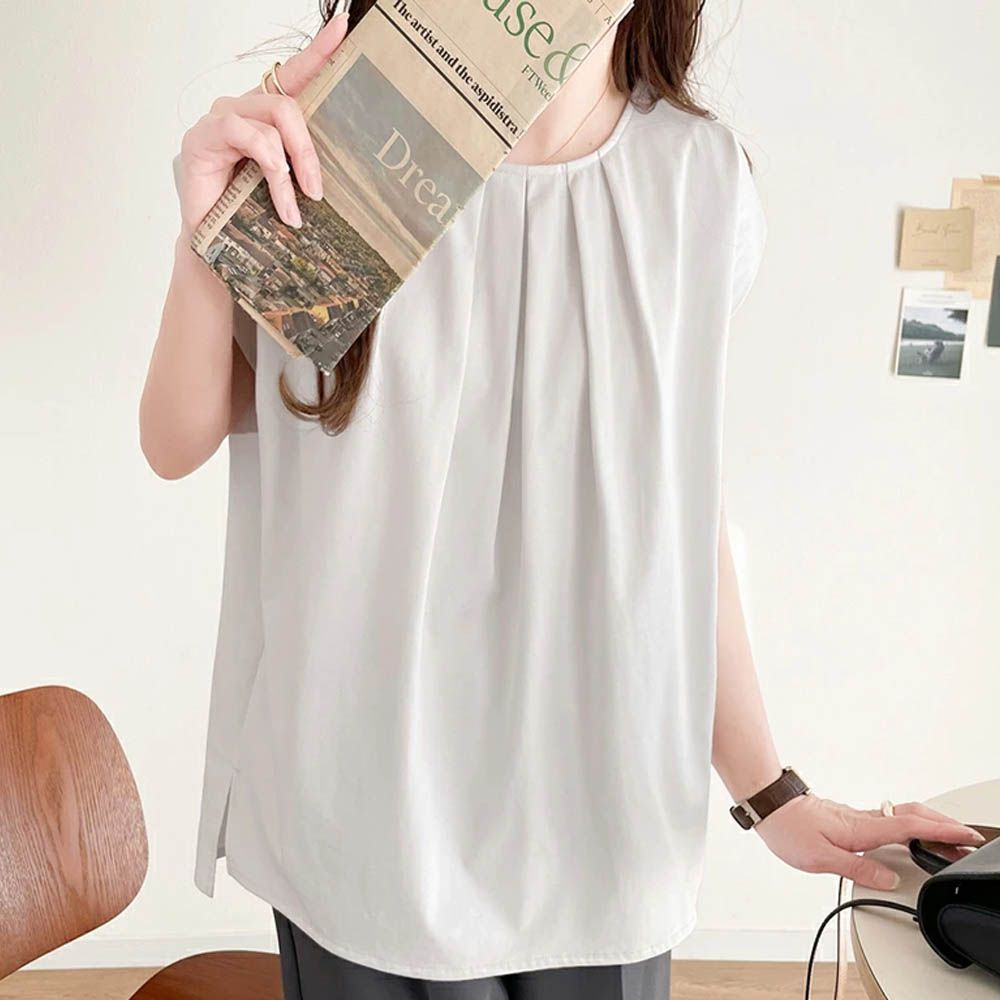 接觸涼感 柔美皺摺法式袖上衣-白
