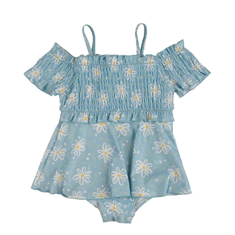 akachan honpo - 連身泳衣-手繪風小花-淺藍色