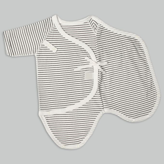 akachan honpo - 長袖新生兒內衣6件組-按扣款 橫紋-米白色 (50~60cm)