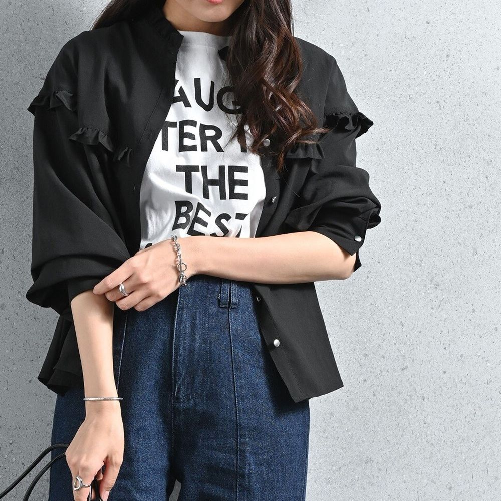 日本 ELENCARE DUE - 復古小荷葉造型薄長袖襯衫-黑