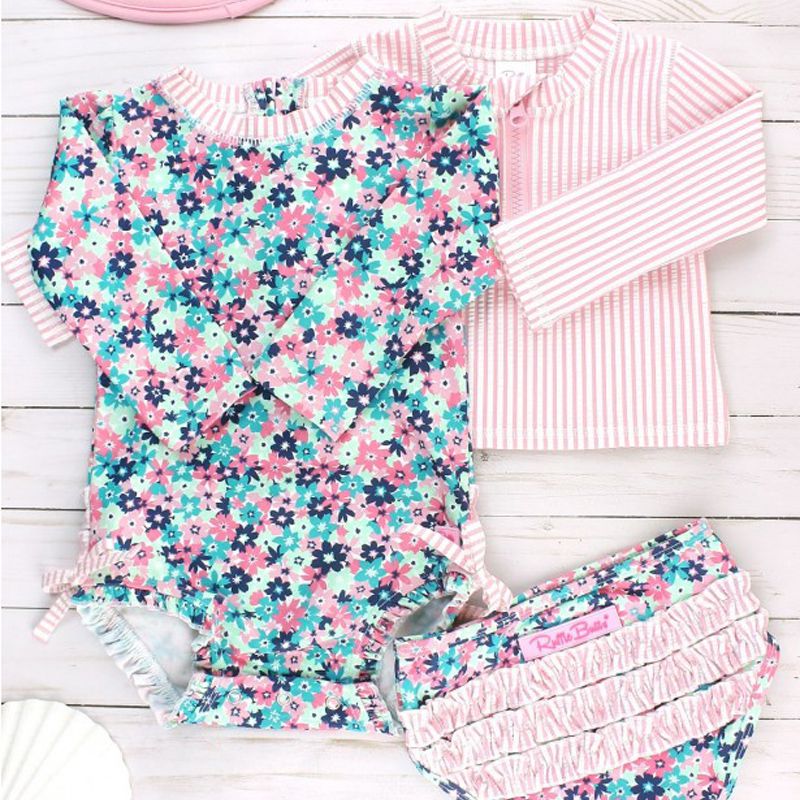 美國 RuffleButts - 小女童UPF 50+防曬長袖連身泳裝-熱帶萬花筒