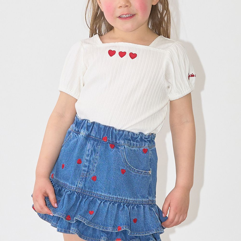 方領羅紋可愛刺繡泡泡短袖上衣-愛心-象牙白