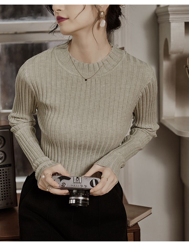 優雅百搭坑條修身針織上衣-燕麥色