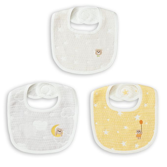 akachan honpo - 四層棉紗圍兜3入組-週年紀念小熊-米白色 (70~95cm)