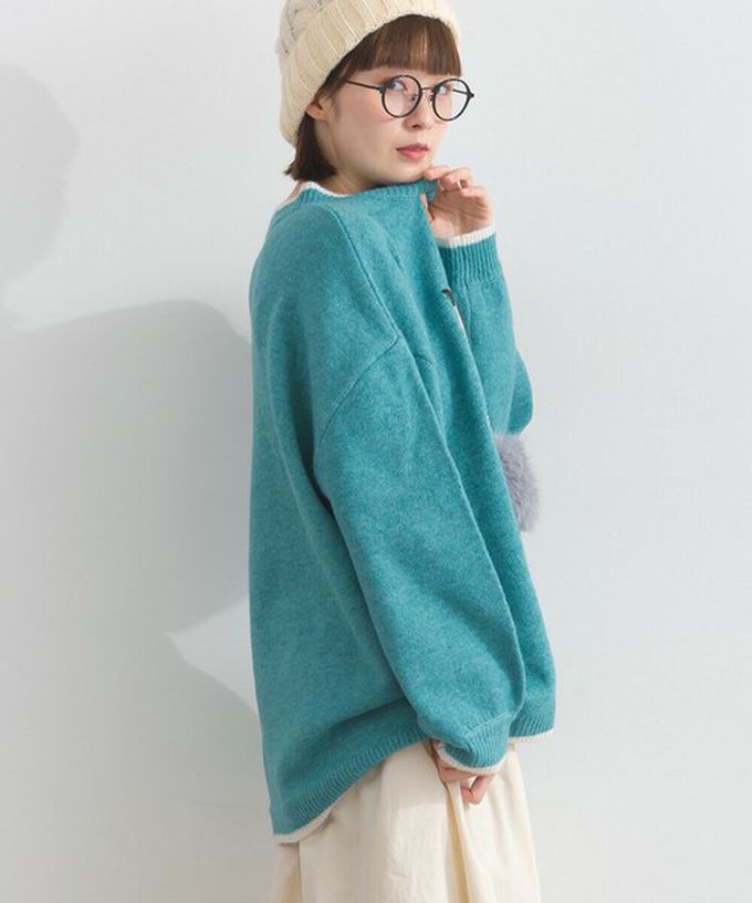 日本 Lupilien - 毛絨尾巴貓咪設計感針織長袖上衣-藍綠