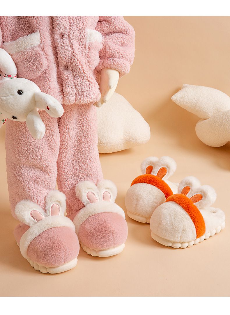 兒童毛毛保暖室內拖鞋(厚底)-兔耳-粉色