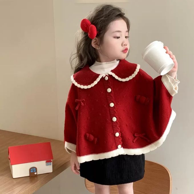 新年拜年娃娃領斗篷式開襟針織毛線外套