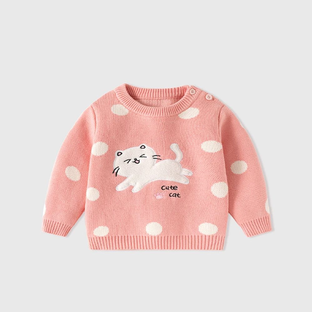 純棉圓領針織長袖上衣-可愛貓咪-粉色