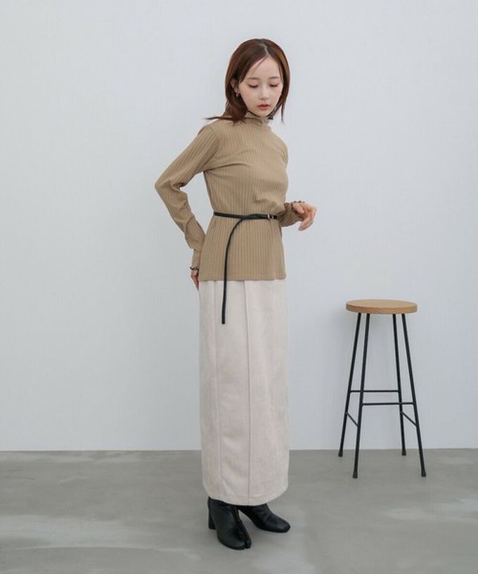 日本 Bab - 木耳滾邊典雅羅紋長袖上衣-高領-黑 (M)