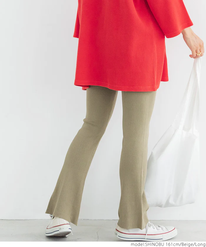 日本 COCA - 修長美腿羅紋微喇叭長褲-深綠