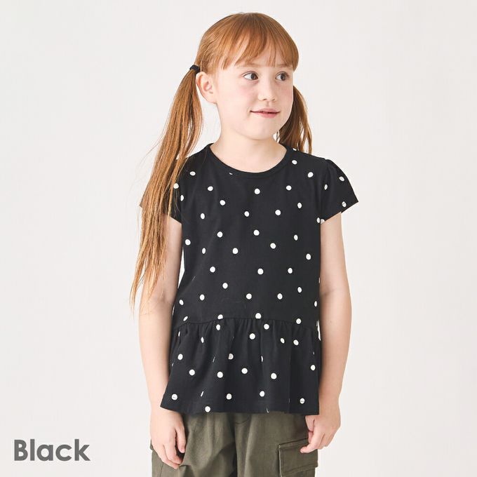日本 evercloset - 100%棉 層次荷葉衣襬短袖上衣-點點-摩卡