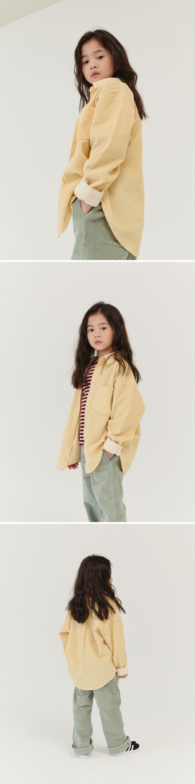 韓國 PEANUT - 燈芯絨口袋長袖襯衫/外套-淺黃