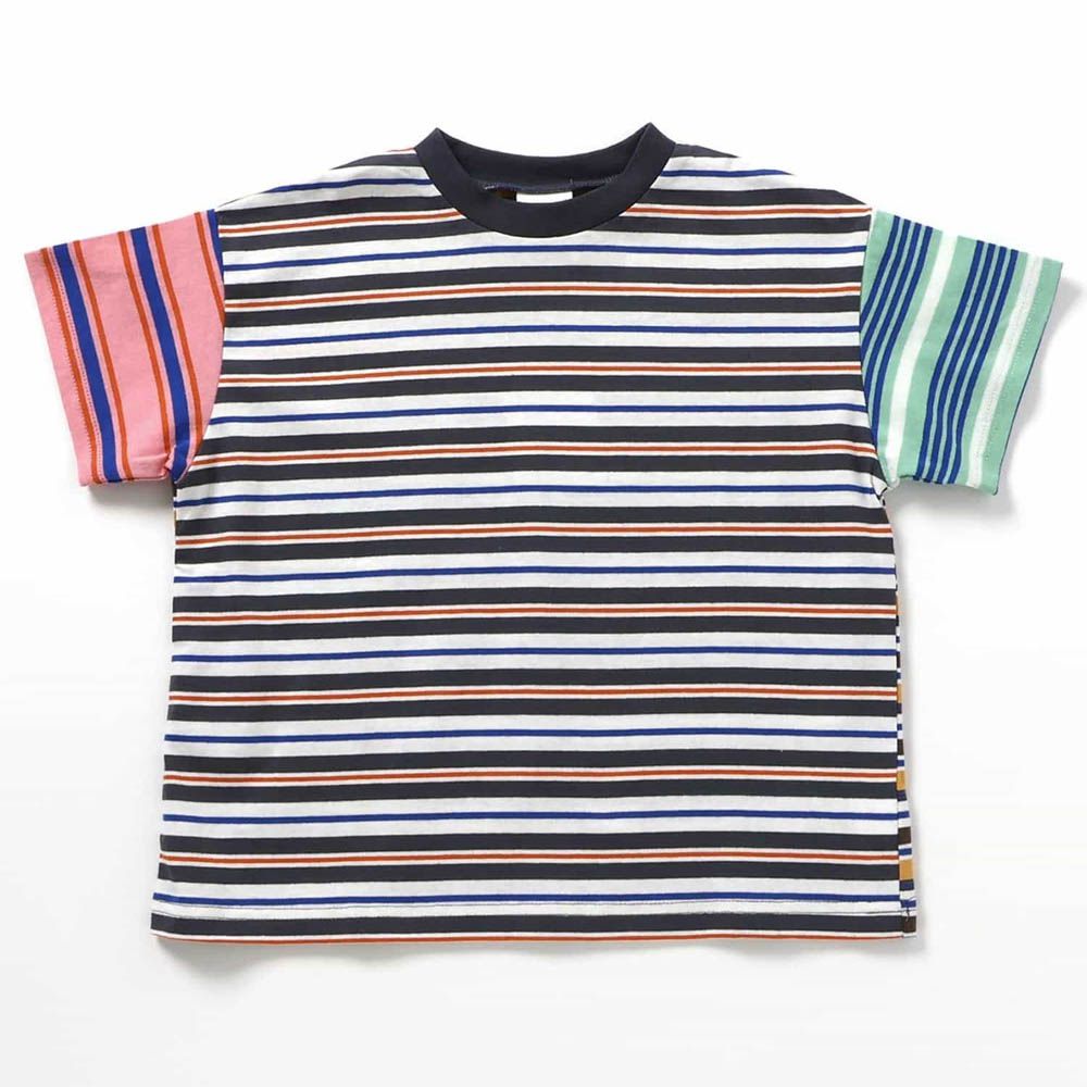 100%棉 百搭條紋落肩短袖上衣-棕X薄荷綠X粉紅