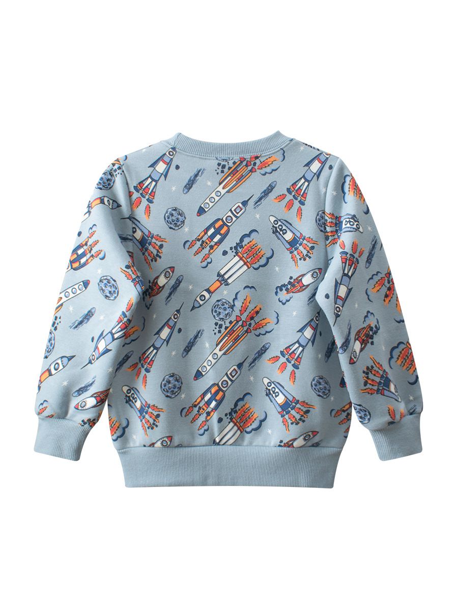 加絨棉質圓領長袖上衣/大學T-飛天火箭-藍灰色