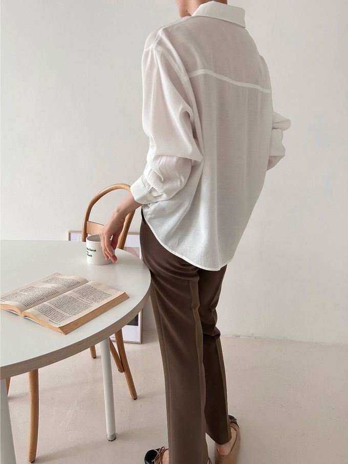 韓國女裝連線 - 質感薄透長袖翻領襯衫-白 (FREE)
