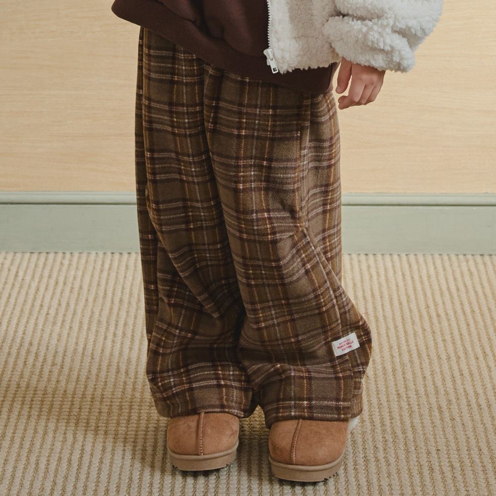 HIKIKI 鬆緊腰經典格紋毛呢感落地長褲-咖啡