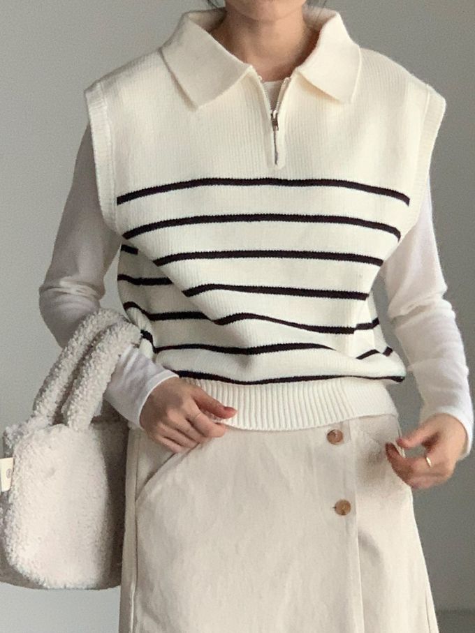 韓國女裝連線 - 拉鍊翻領條紋針織背心-米白 (FREE)