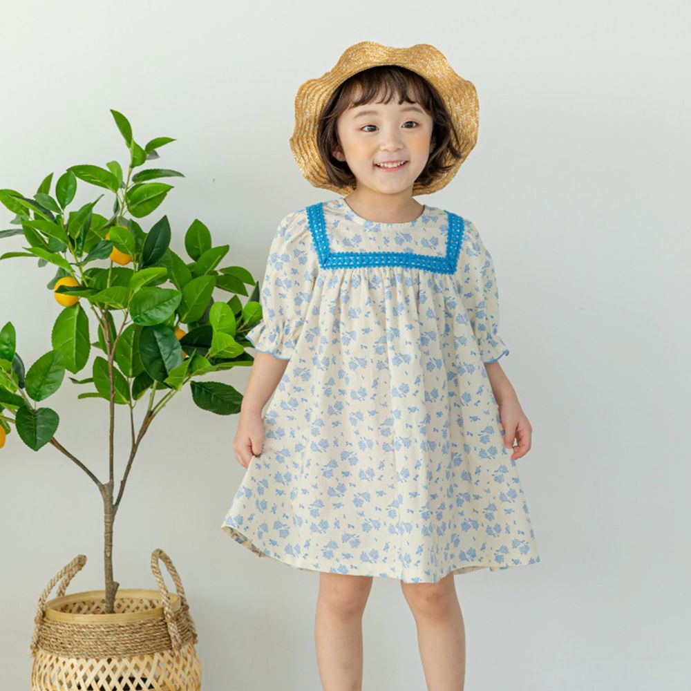 韓國 Orange Mom - 滿版花朵泡泡袖高腰洋裝-天藍