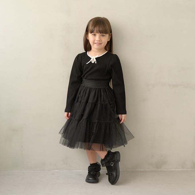 日本 Lycee mine - 領口滾邊綁帶澎澎長袖上衣-灰藍