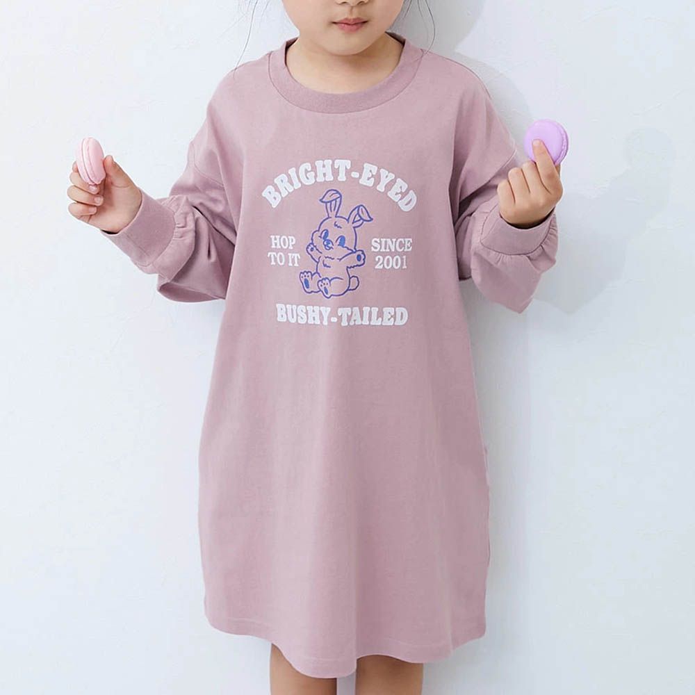 100%棉 定番印花休閒長袖洋裝-兔兔-粉紫