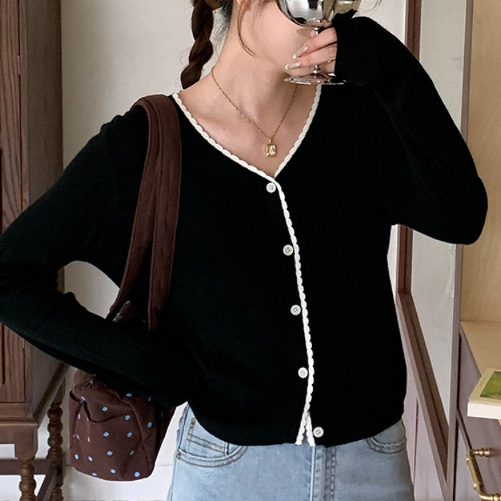 撞色鈎花顯瘦V領長袖針織外套-黑 (F)