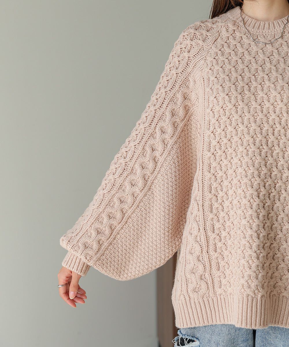 日本 Bab - 麻花編織大寬袖針織上衣-炭灰