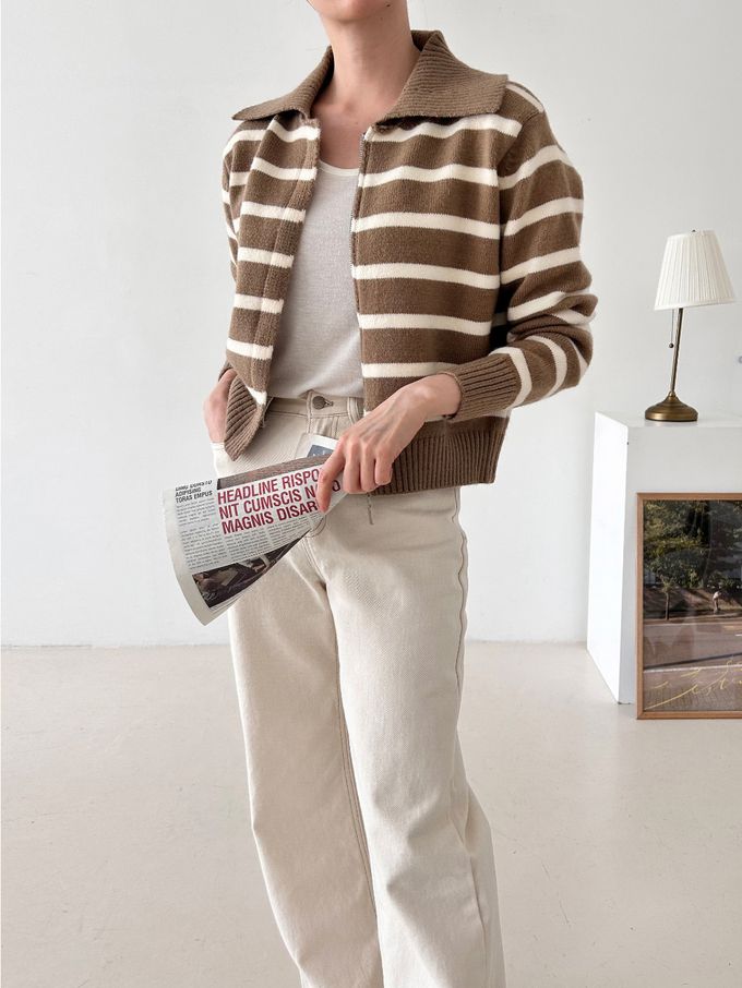 韓國女裝連線 - 溫柔條紋翻領拉鍊針織外套-摩卡咖 (FREE)