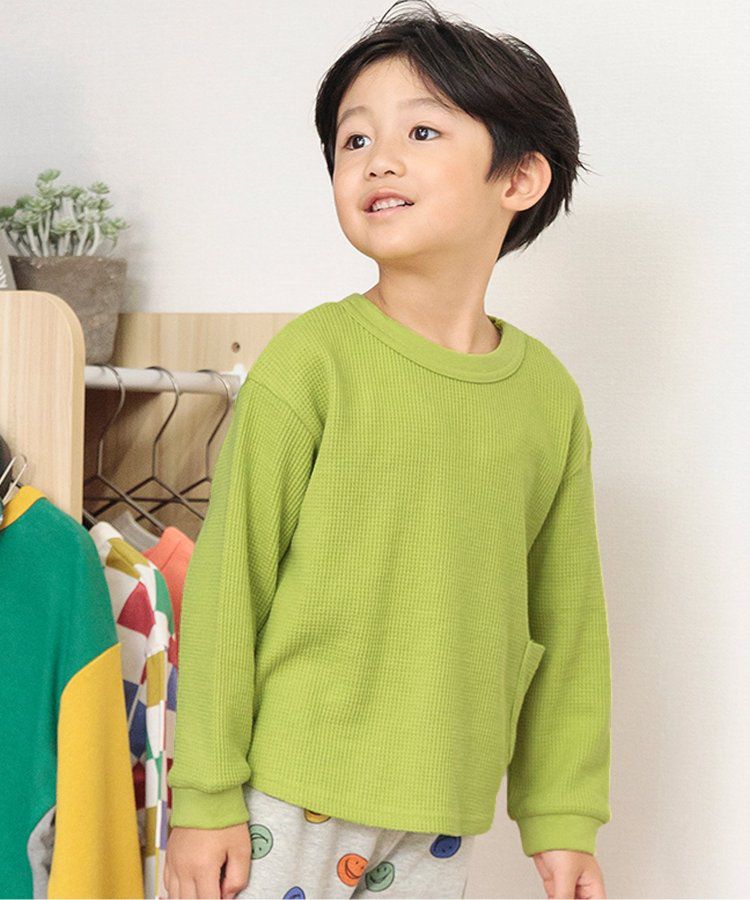 日本 BREEZE - 正反OK！柔軟華夫格長袖上衣-撞色-黃綠灰