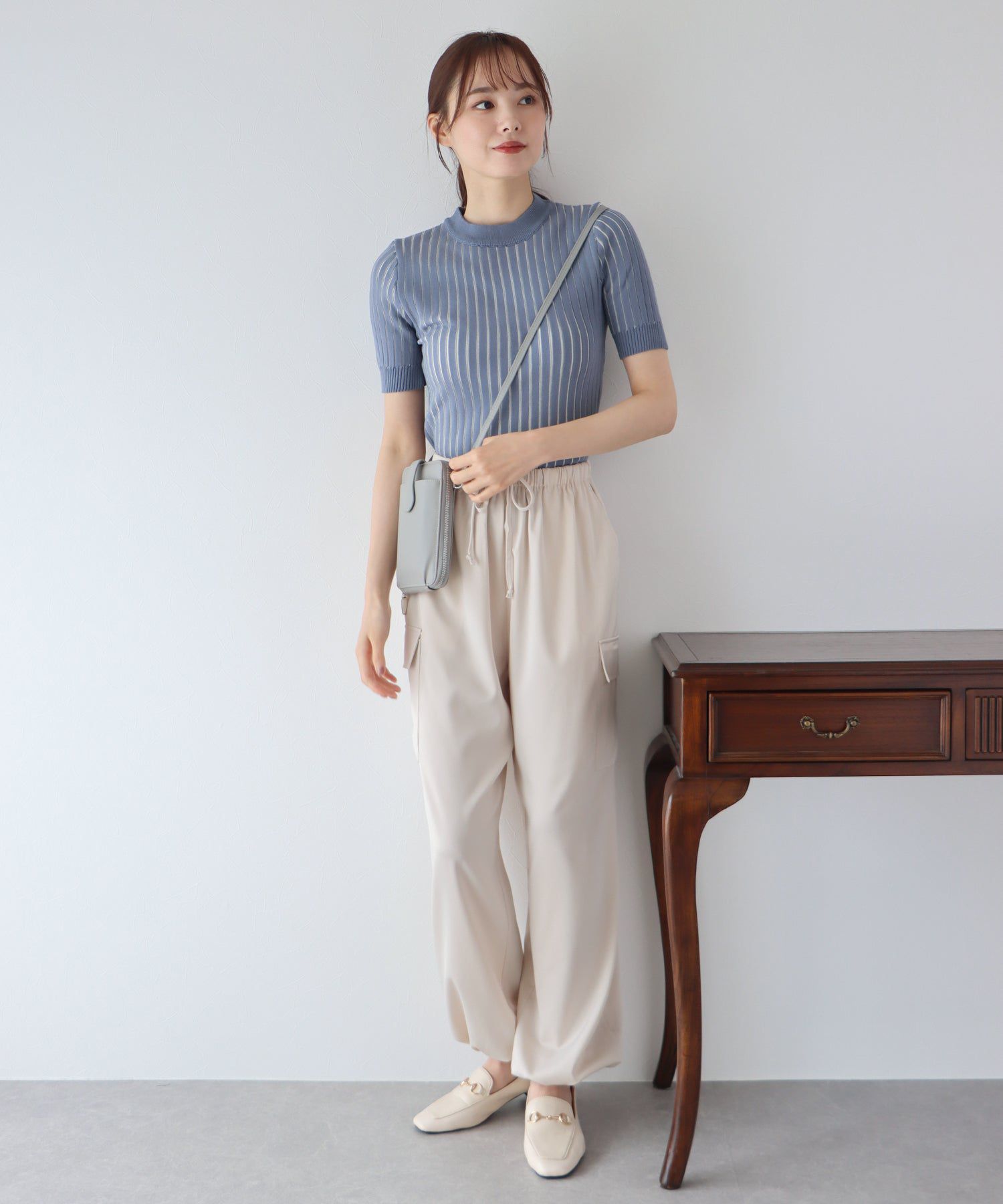 日本 BLUE EAST - 彈性寬羅紋薄針織短袖上衣-淺粉x白