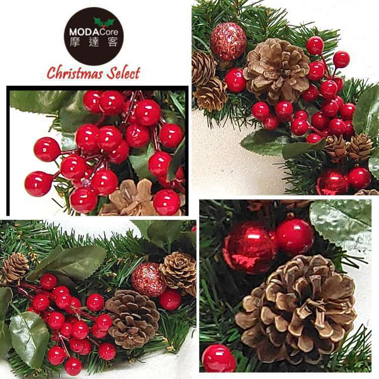 MODACore 摩達客 - 摩達客耶誕-台製歐風典雅14吋大地盛宴紅球果松果聖誕花圈_福臨圈(免組裝/台灣設計手工藝製)