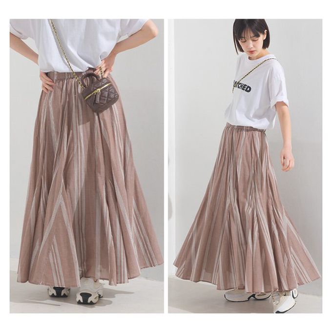 日本 OMNES - 100%印度棉 清爽飄逸長裙-淺棕條紋